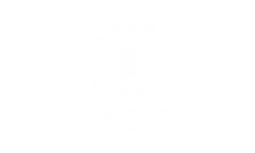 Weißes Tecis-Logo mit Wappen und Schriftzug auf schwarzem Hintergrund.