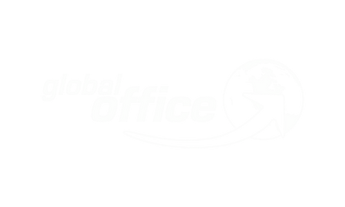 Logo von Global Office mit stilisierter Weltkugel und Schriftzug in Weiß auf schwarzem Hintergrund.